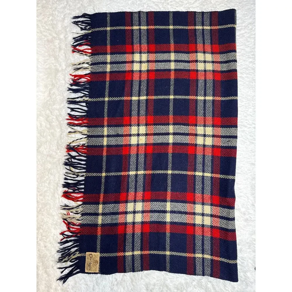 1960s CarlDyke Tartan Wool Stadium Blanket Red Navy Plaid Fringe 51x38